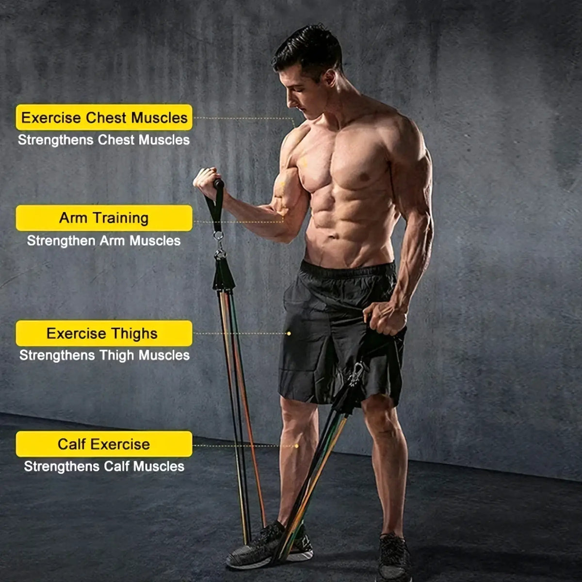 Multicolored resistance bands set with black handles and metal attachments for home workout fitness training