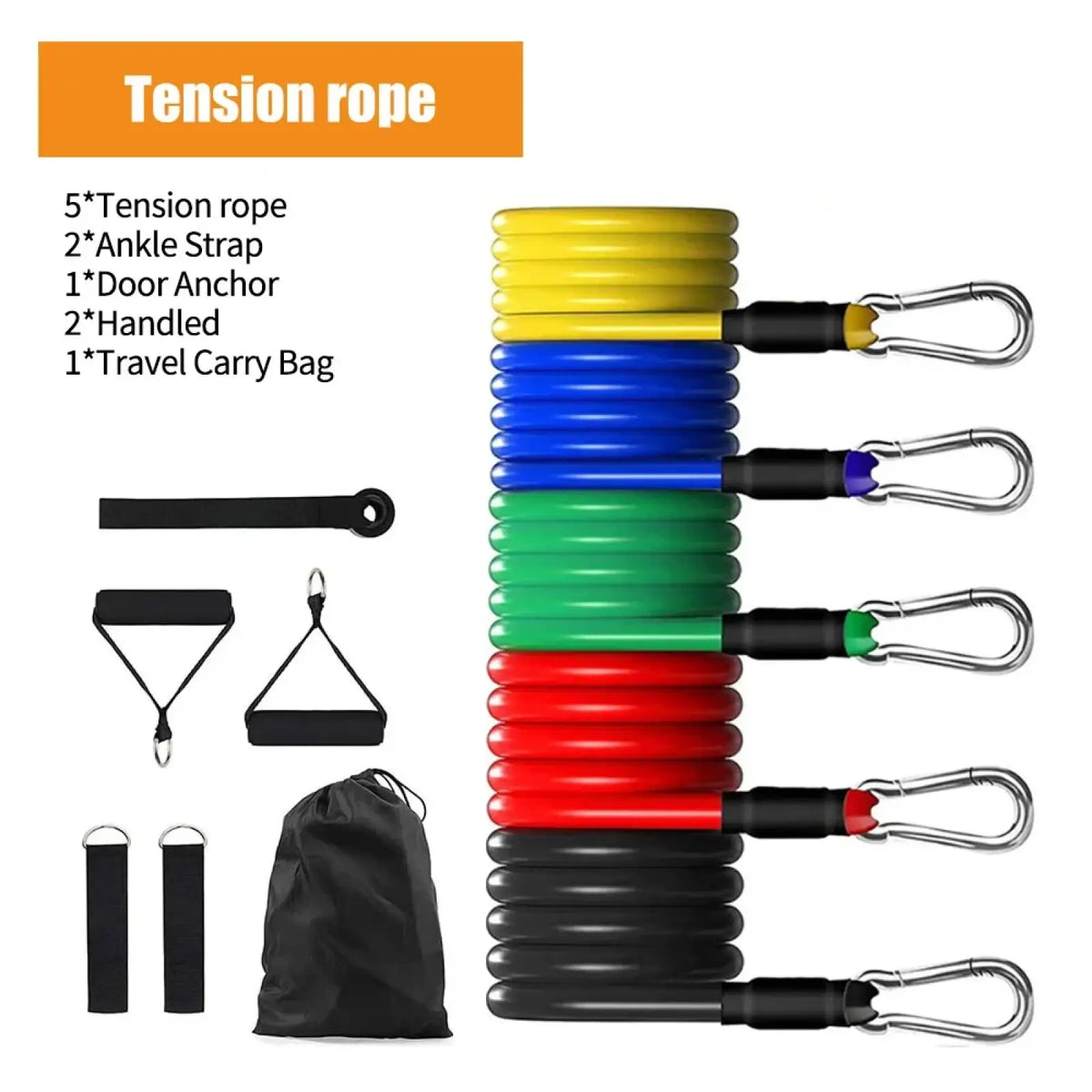 Resistance bands set with five colorful coiled ropes featuring metal carabiners and black handle grips for home workouts
