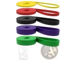 Set of five colorful resistance bands in yellow red black purple and green labeled with weight range for strength training