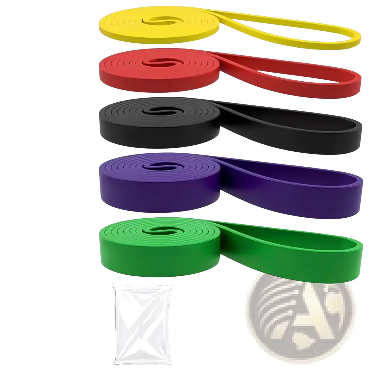 Set of five colorful resistance bands in yellow red black purple and green labeled with weight range for strength training