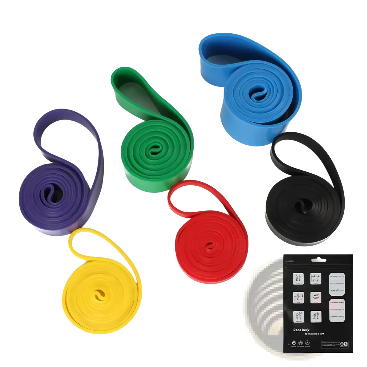 Set of six colorful tpe resistance bands in purple green blue red yellow and black for strength training