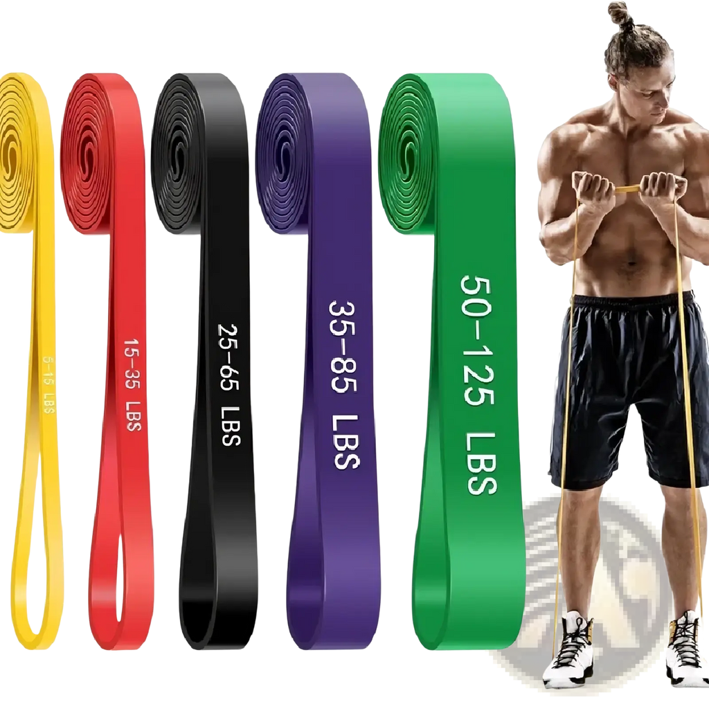 Yellow resistance band made of elastic rubber with 15-35 lbs capacity for strength training resistance bands set