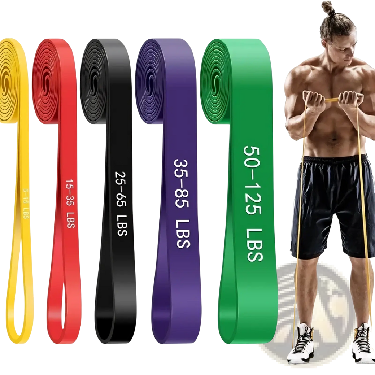 Yellow resistance band made of elastic rubber with 15-35 lbs capacity for strength training resistance bands set
