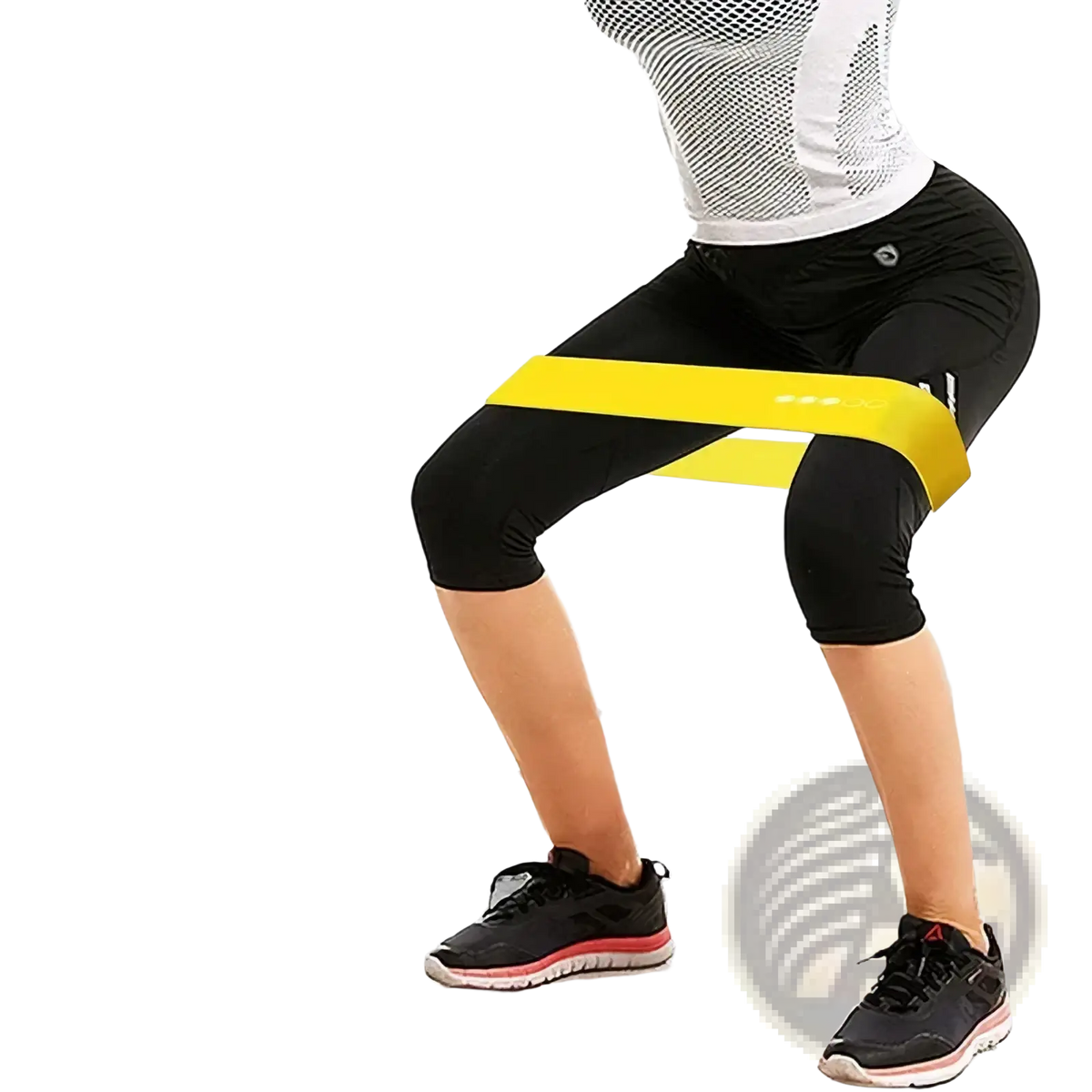 Resistance bands set featuring a bright yellow elastic band worn around the thighs for workout and fitness training