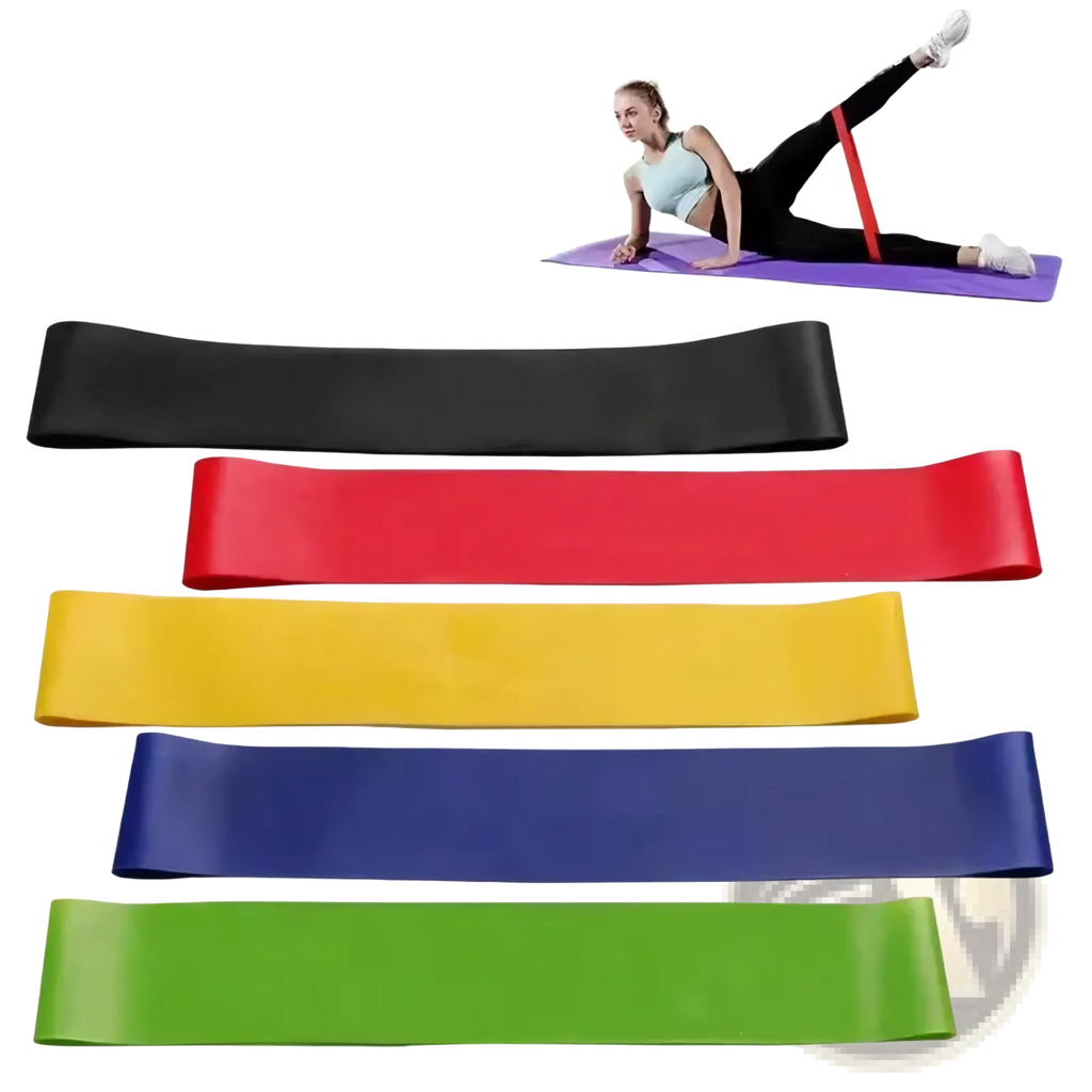 Set of colorful resistance bands in black red yellow blue and green for workout and fitness exercises
