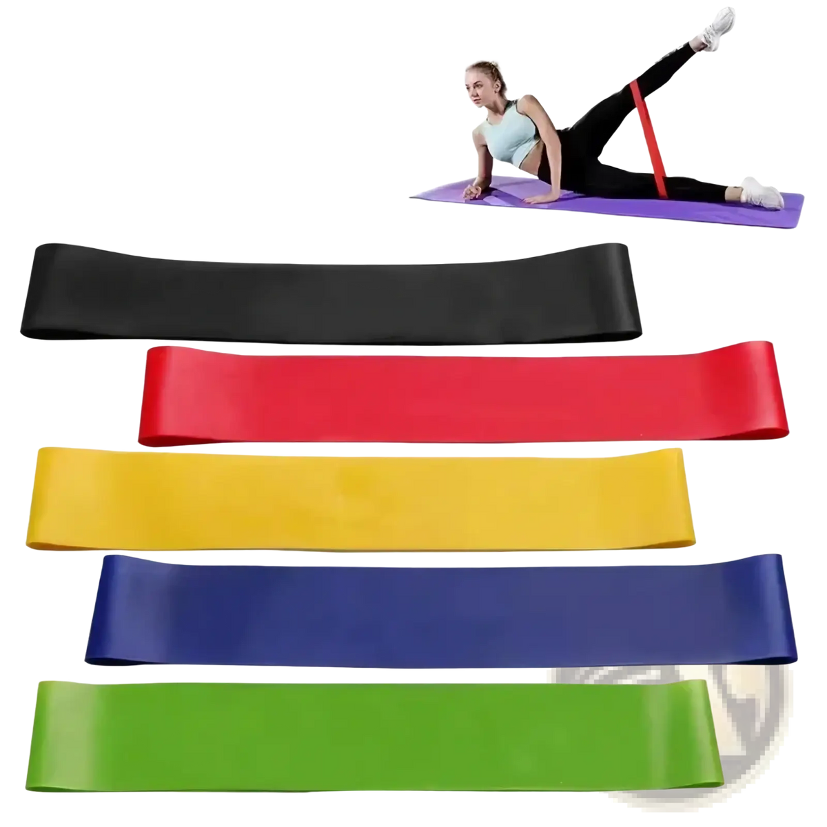 Set of colorful resistance bands in black red yellow blue and green for workout and fitness exercises