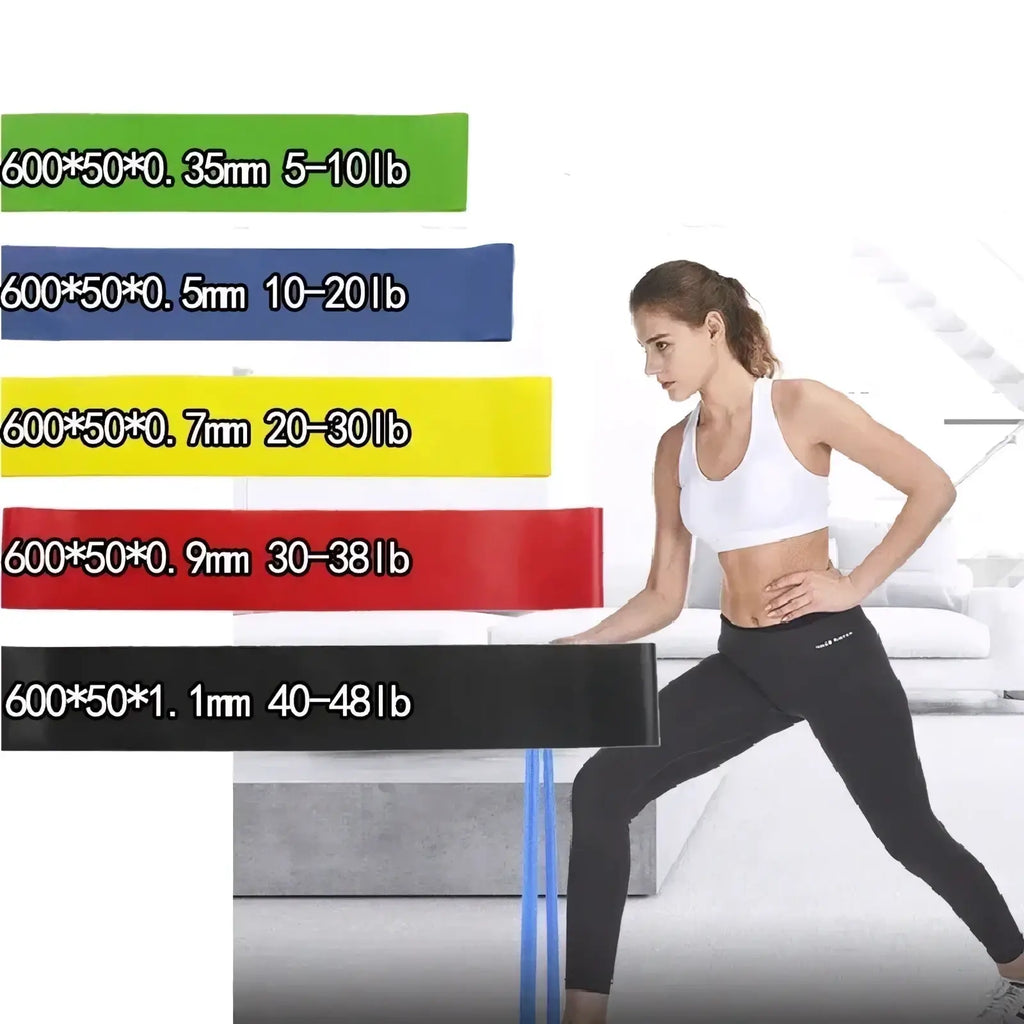 Set of five colorful latex resistance bands with varying thickness and weight ratings for workout and fitness use