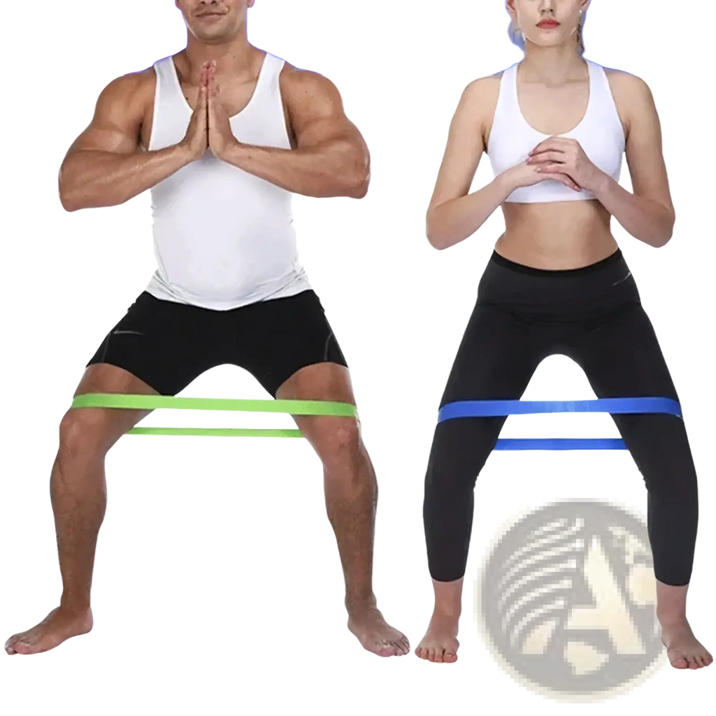 Resistance bands set for workout and fitness with green and blue latex bands worn around the thighs of two individuals
