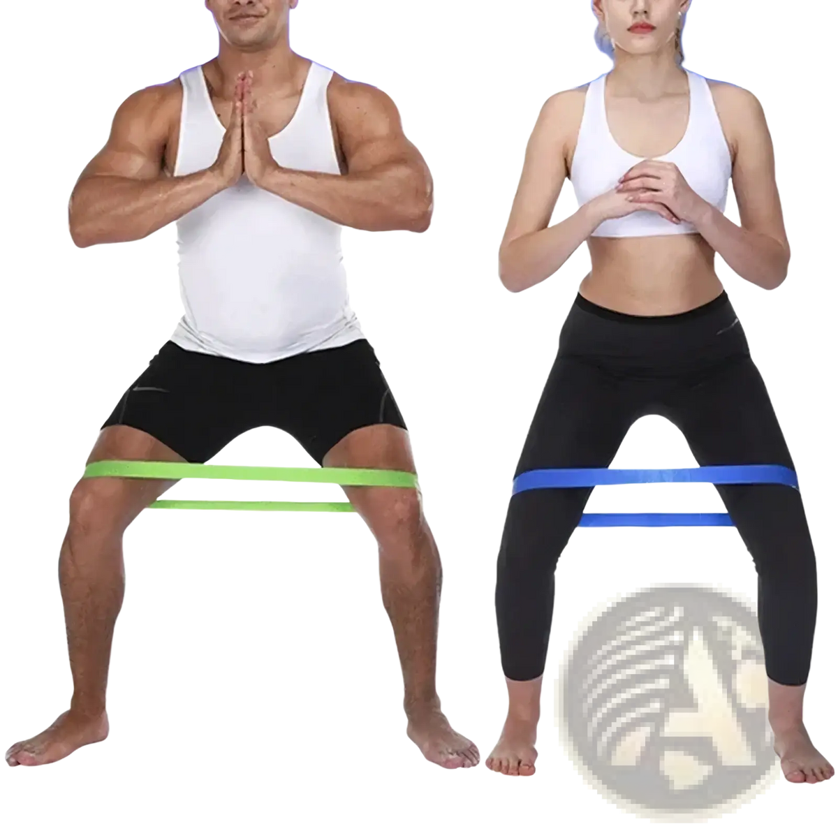 Resistance bands set for workout and fitness with green and blue latex bands worn around the thighs of two individuals