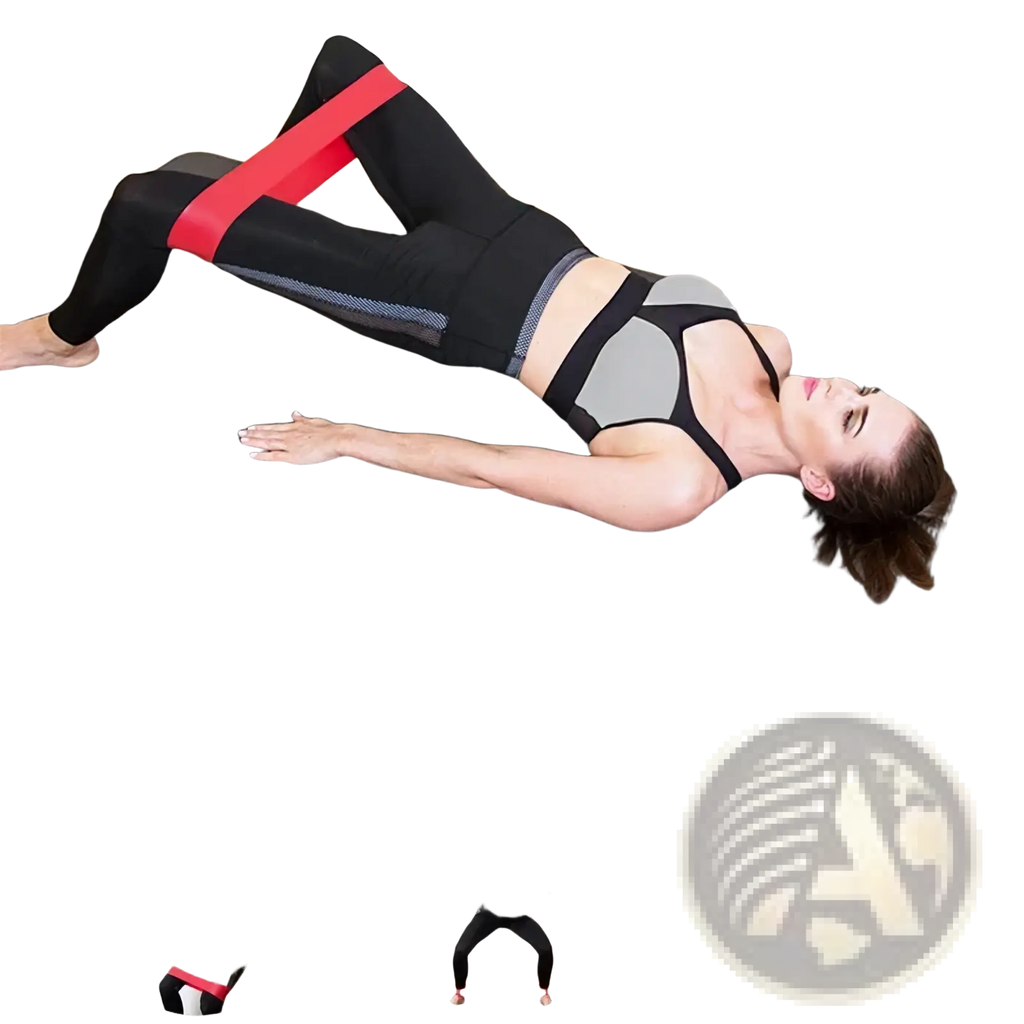 Red resistance band made of durable latex worn around a woman’s thighs for workout and fitness exercises