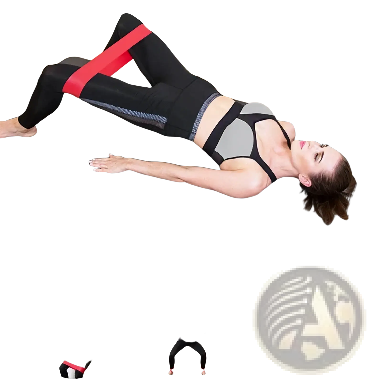 Red resistance band made of durable latex worn around a woman’s thighs for workout and fitness exercises