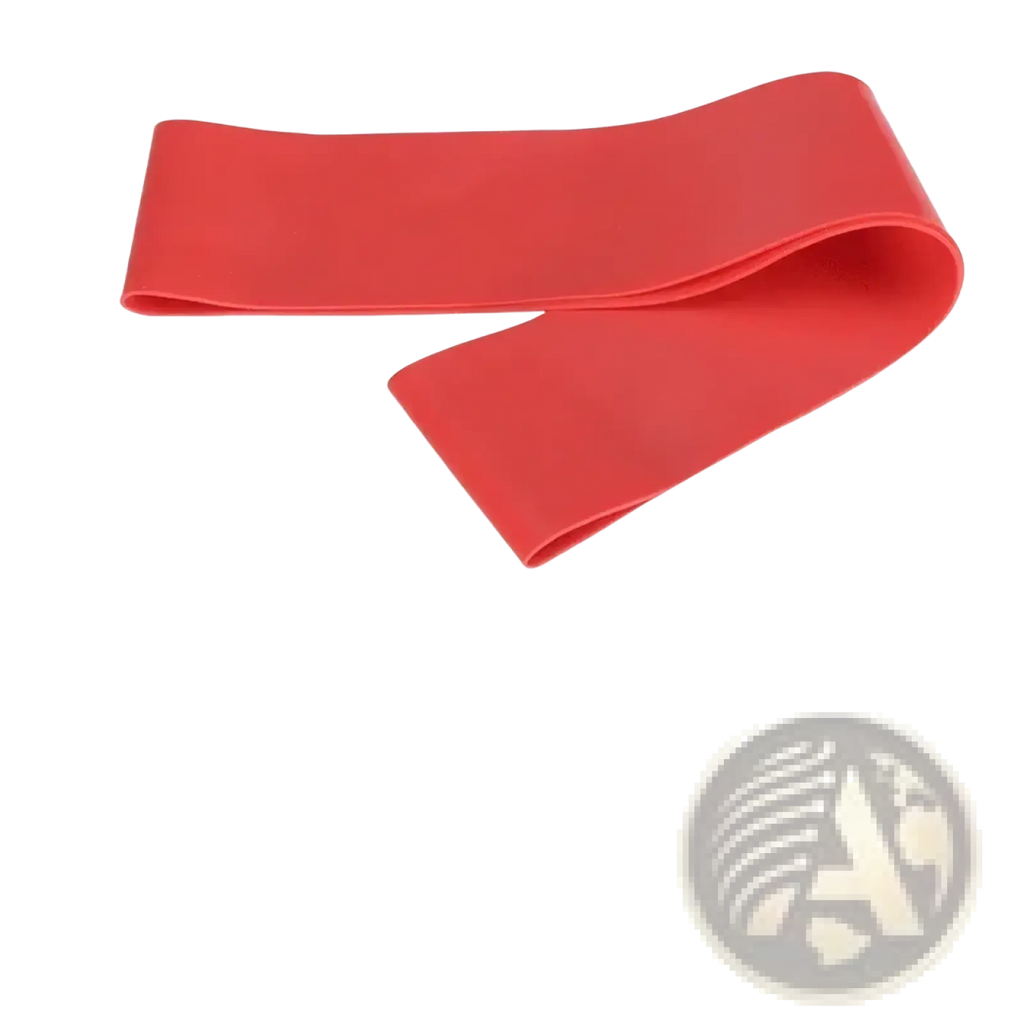 Red heavy-duty rubber resistance band with smooth texture and durable construction for workout and fitness use