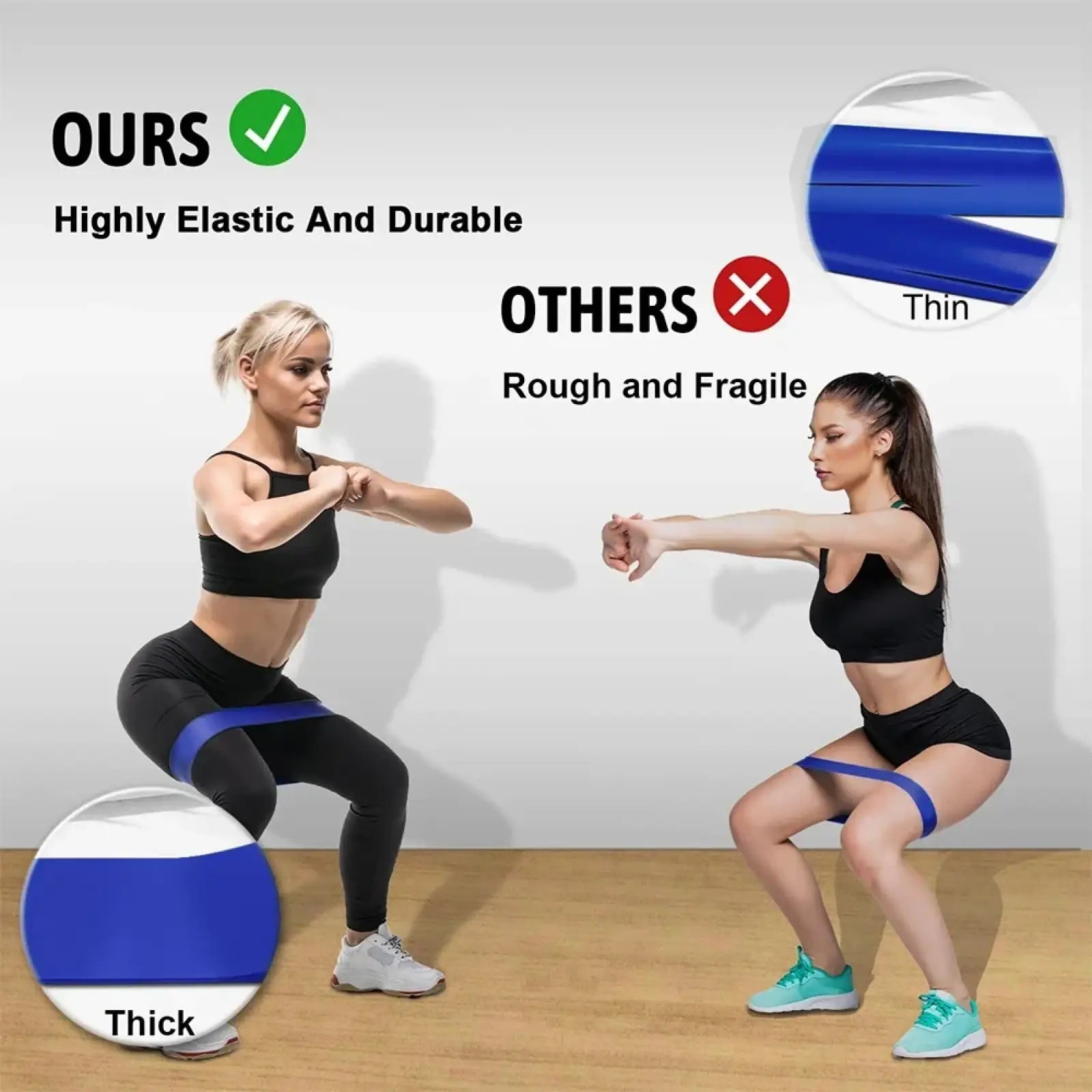 Blue and white elastic resistance band made of durable material for workout and pilates fitness training