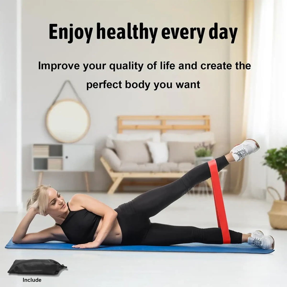 Red resistance band made of durable latex for workout and pilates in a resistance bands set