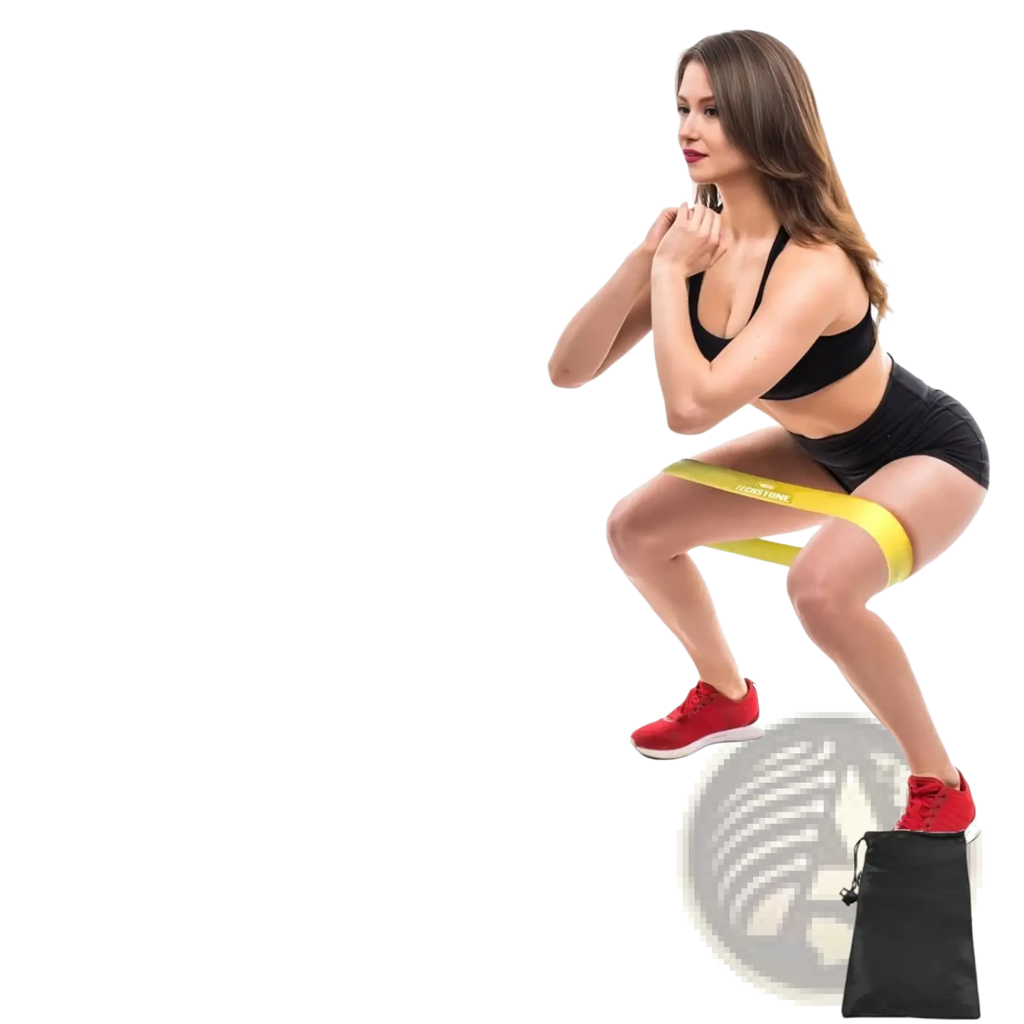 Yellow resistance band with printed weight rating and brand logo for workout and pilates use