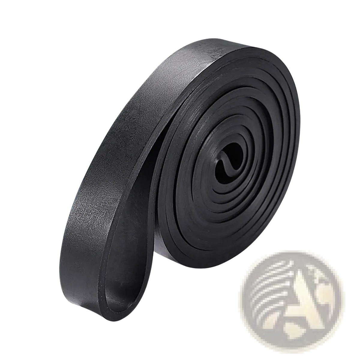 Black rubber resistance band with smooth matte finish coiled neatly for workout and strength training use