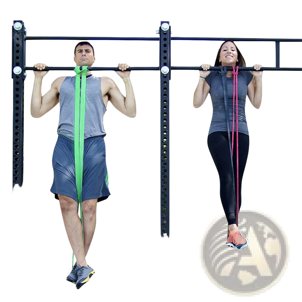Resistance bands set for workout and strength training featuring green and pink elastic pull-up bands