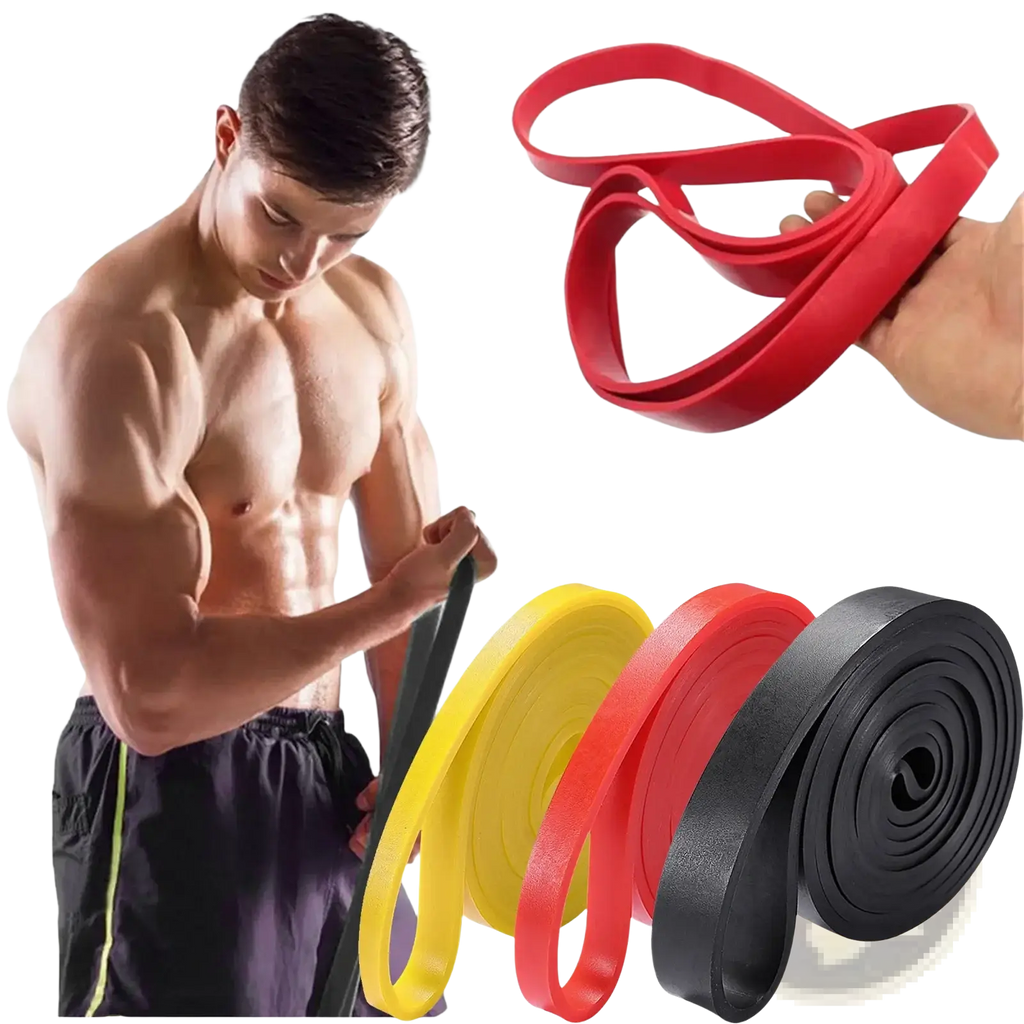 Red resistance band with textured surface and looped design for workout and strength training use