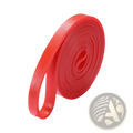 A vibrant red resistance band with a smooth textured surface for workout and strength training use