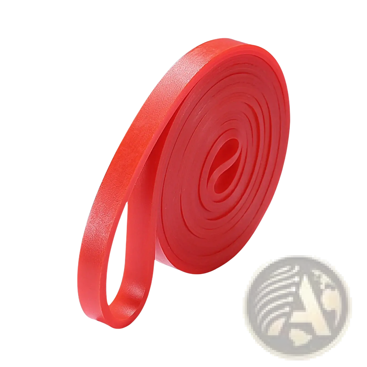 A vibrant red resistance band with a smooth textured surface for workout and strength training use