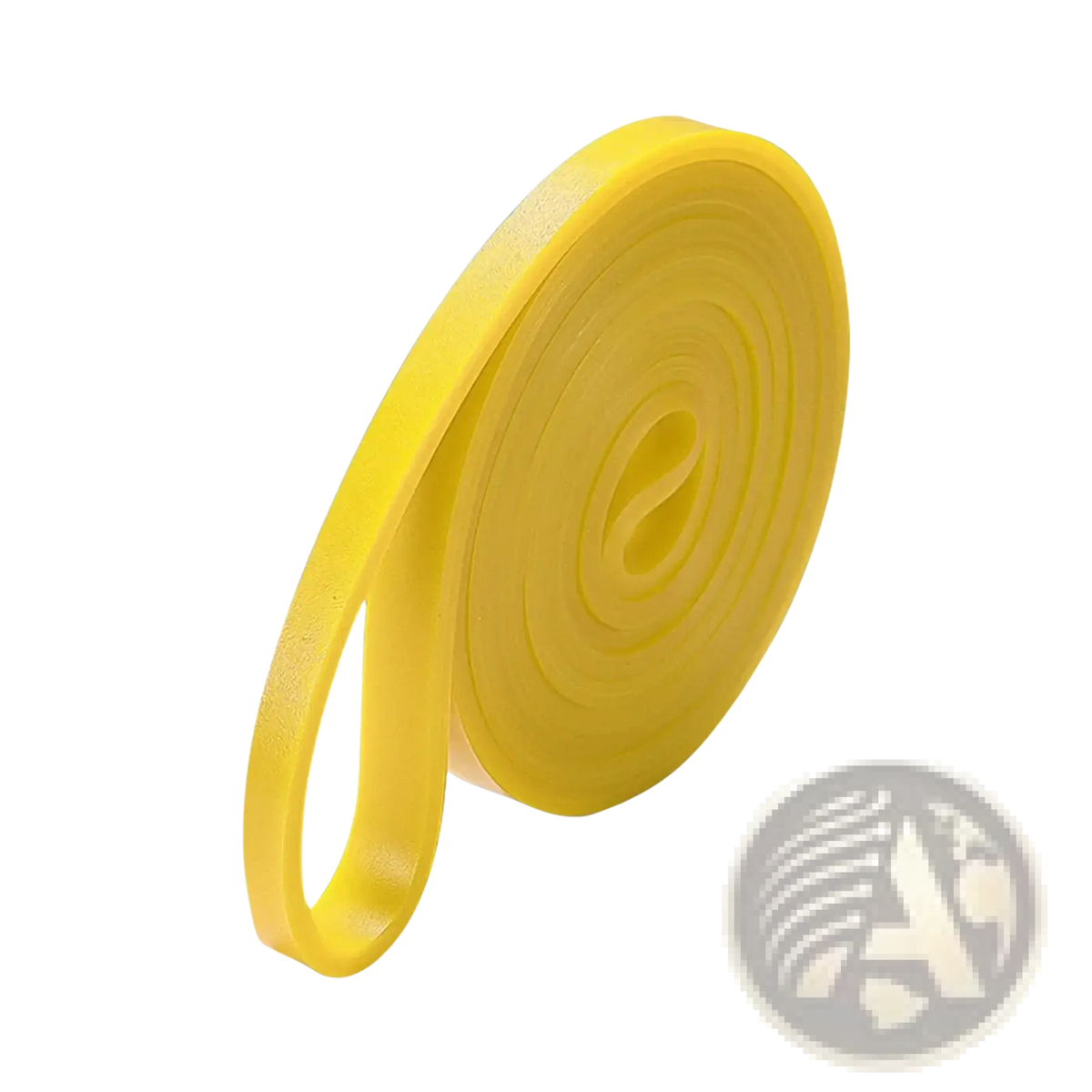 A bright yellow resistance band with smooth rubber texture coiled neatly for workout and strength training use