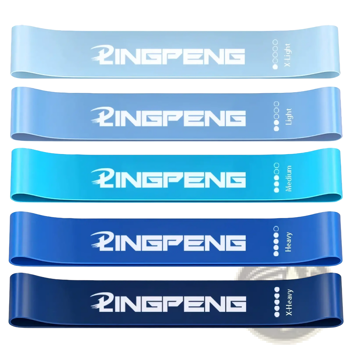 Set of five ringpeng resistance loop bands in gradient blue tones with weight labels for exercise workouts