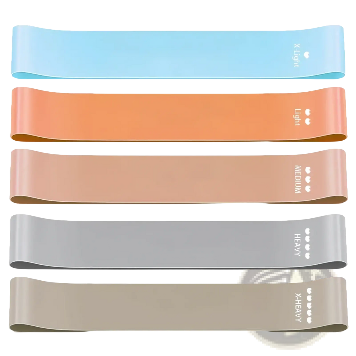 Set of five pastel and neutral resistance loop bands labeled by weight level for exercise workouts