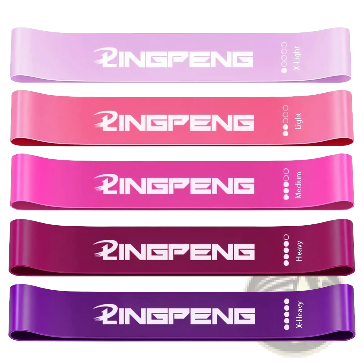 Set of five colorful ringpeng resistance loop bands in gradient pink to purple labeled by weight level for exercise