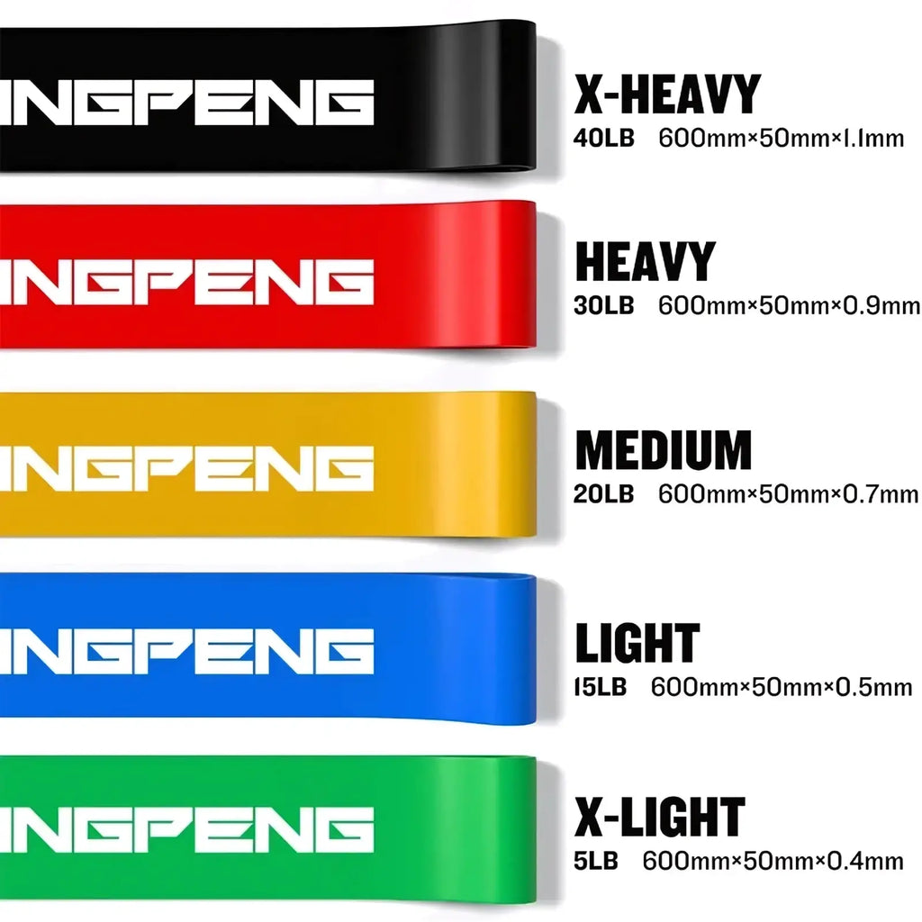 Resistance loop bands set of five levels in black red yellow blue and green with ingpeng branding for workouts