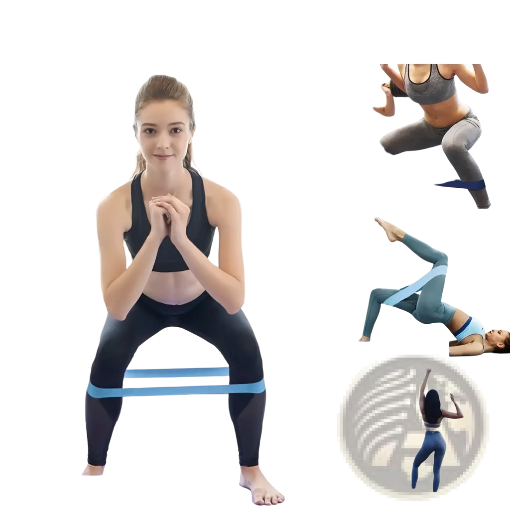 Blue resistance loop band made of durable latex for strength training in a 5 level exercise workout set