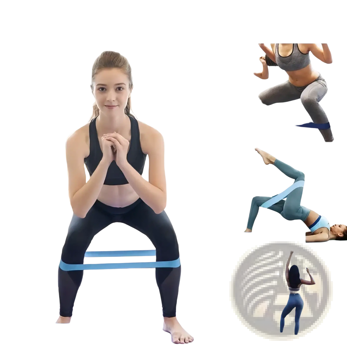 Blue resistance loop band made of durable latex for strength training in a 5 level exercise workout set