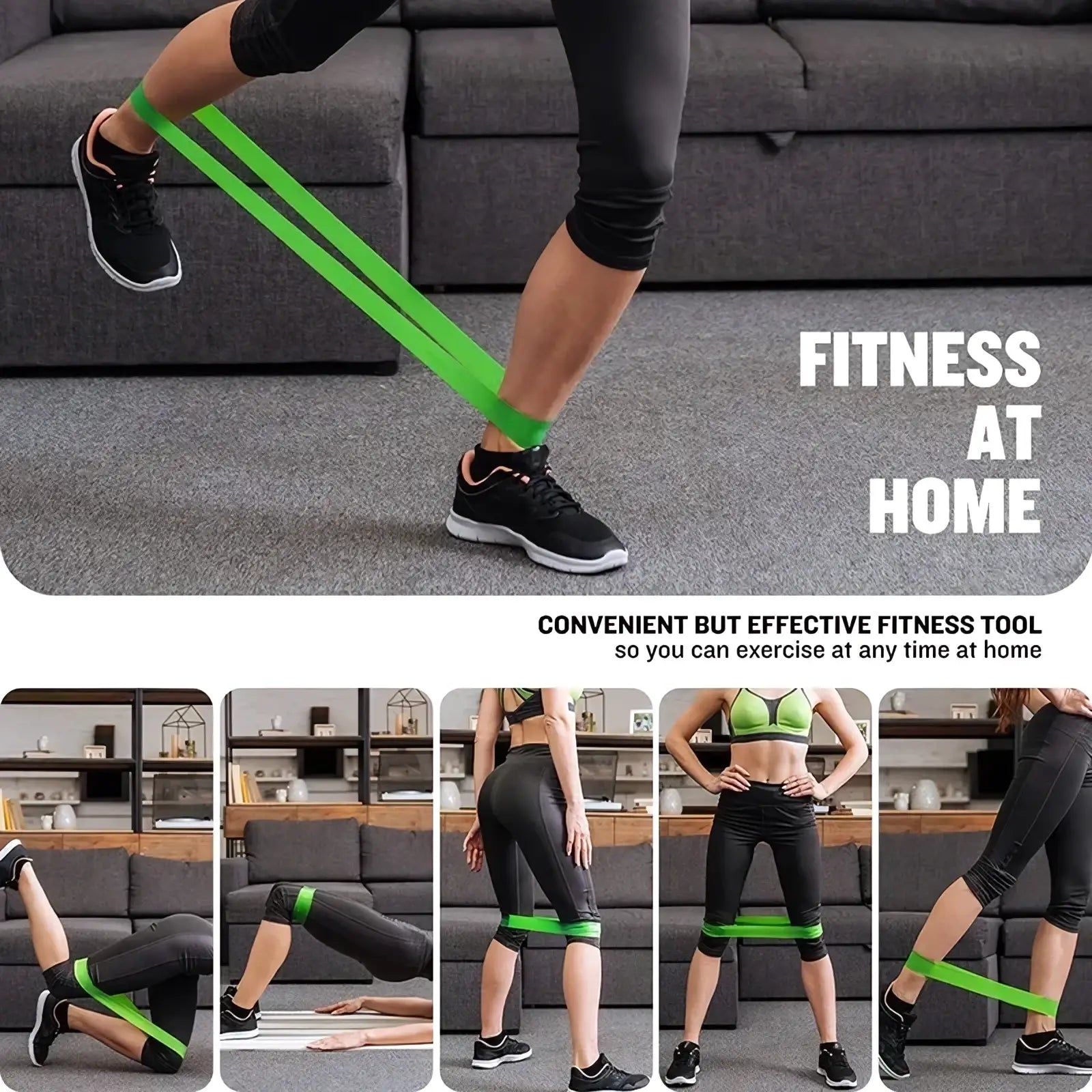 Bright green resistance loop band for home fitness exercises in a 5 level exercise workout set