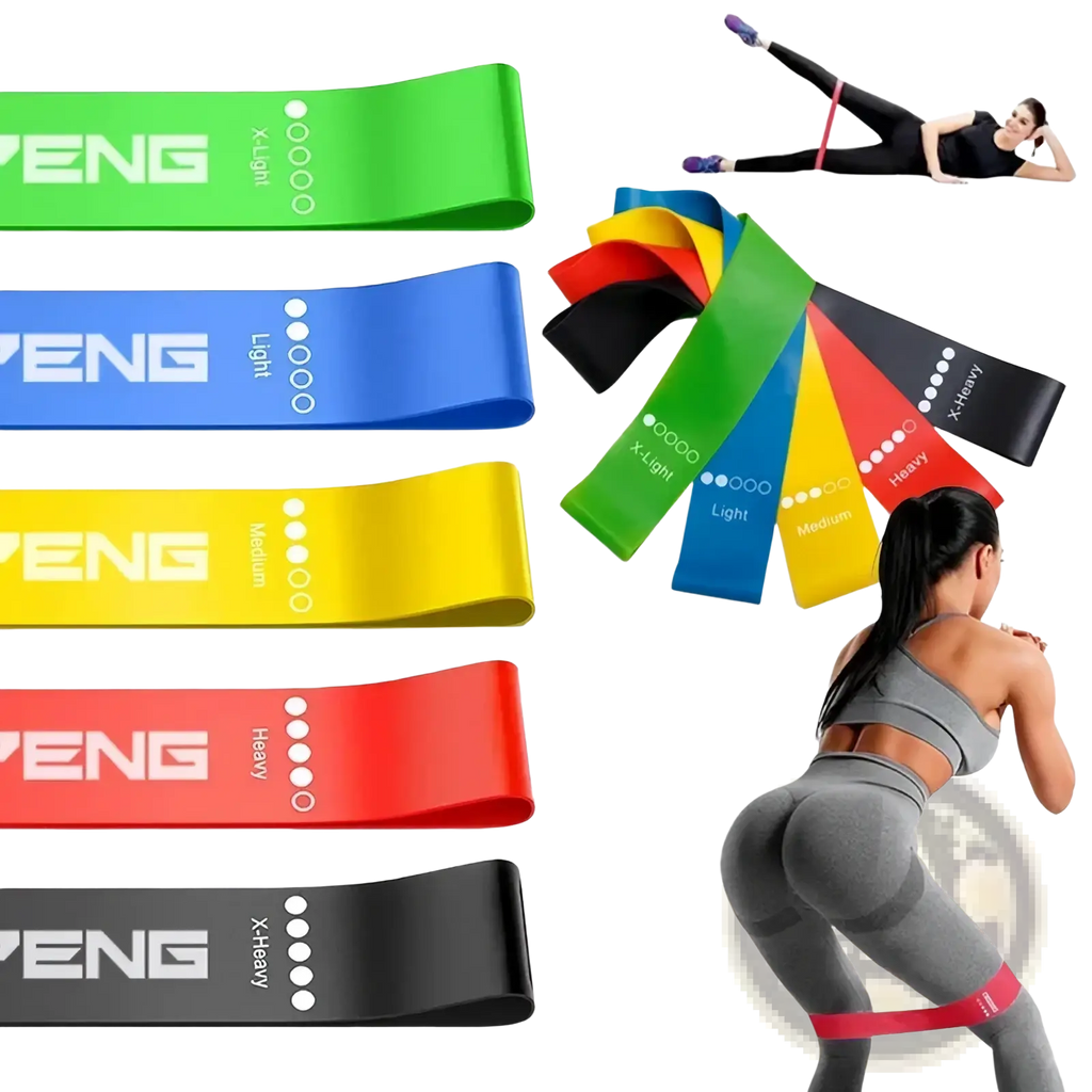 Set of five colorful elastic resistance loop bands in green blue yellow red and black by peng for exercise workouts