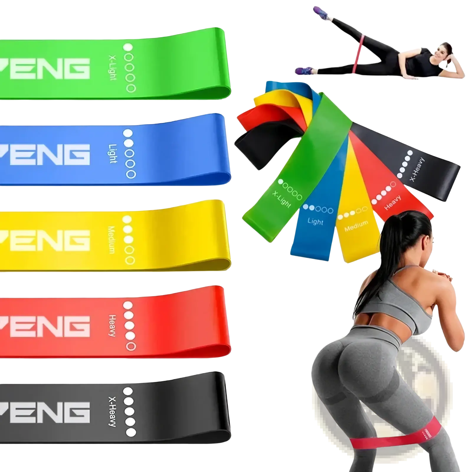 Set of five colorful elastic resistance loop bands in green blue yellow red and black by peng for exercise workouts