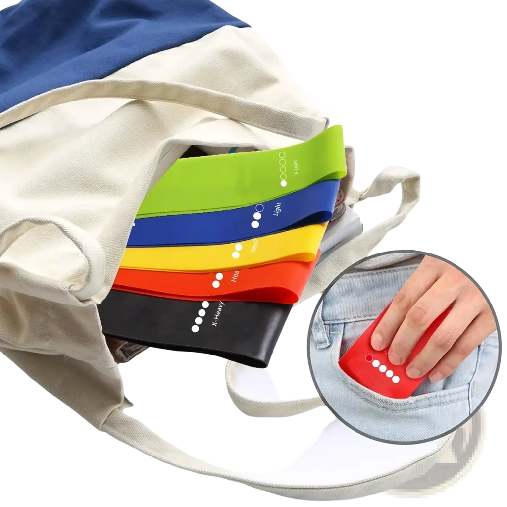 Set of colorful silicone resistance loop bands in green blue yellow orange and black with white dot weight indicators for exercise