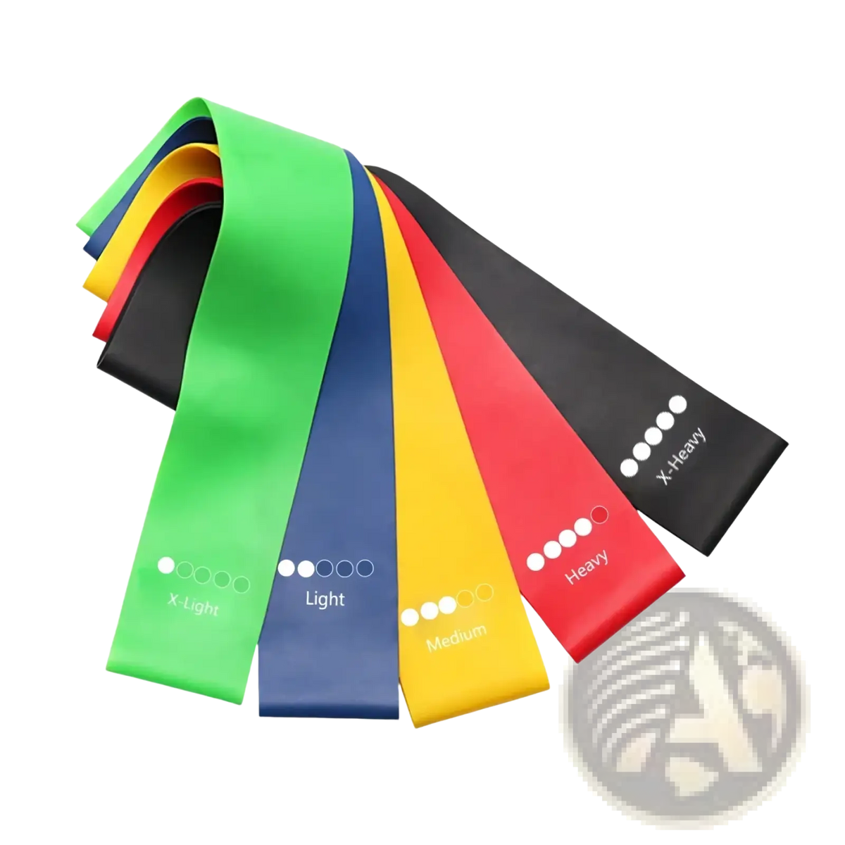 Set of colorful resistance loop bands in x-light, light, medium, and heavy weights for exercise and fitness