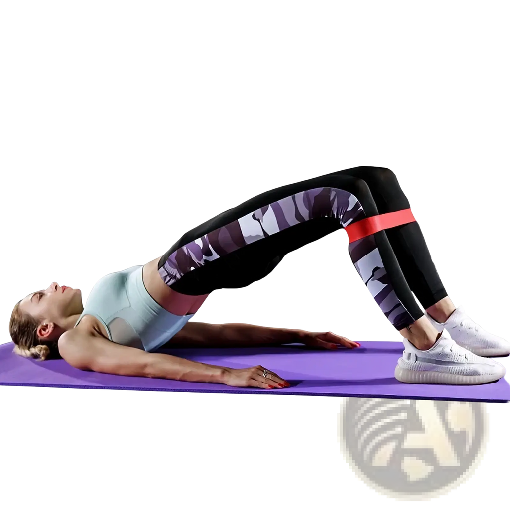 Purple yoga mat made of durable material shown with resistance loop bands set for exercise and fitness use