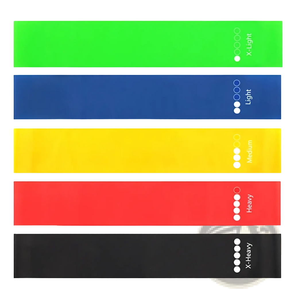 Set of five colorful resistance loop bands in green blue yellow red and black with printed weight indicators for fitness