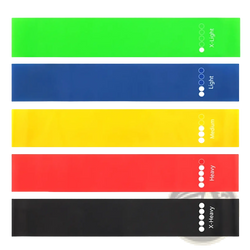 Set of five colorful resistance loop bands in green blue yellow red and black with printed weight indicators for fitness