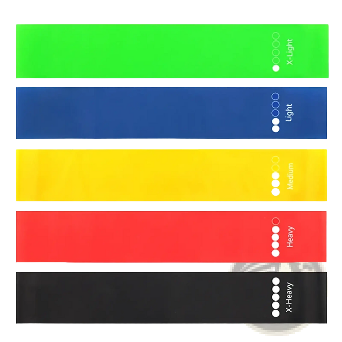 Set of five colorful resistance loop bands in green blue yellow red and black with printed weight indicators for fitness