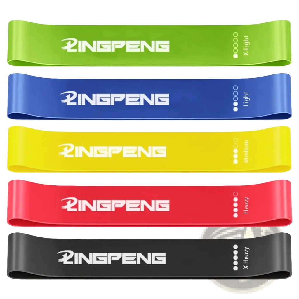 Set of five colorful resistance loop exercise bands in green blue yellow red and black with white branding and resistance levels