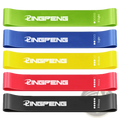 Set of five colorful resistance loop exercise bands in green blue yellow red and black with white branding and resistance levels