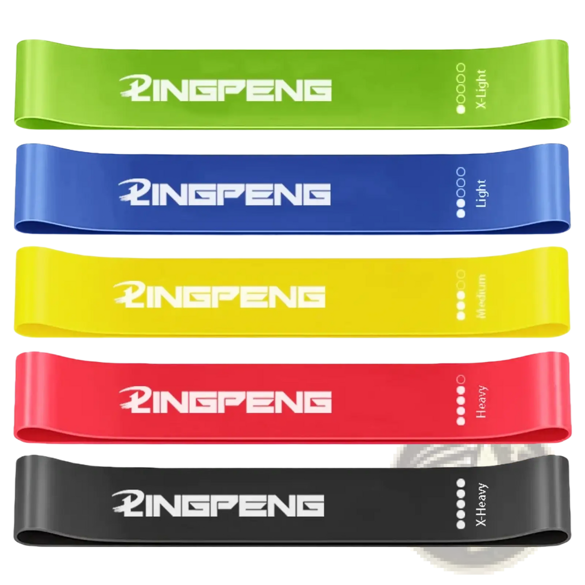 Set of five colorful resistance loop exercise bands in green blue yellow red and black with white branding and resistance levels