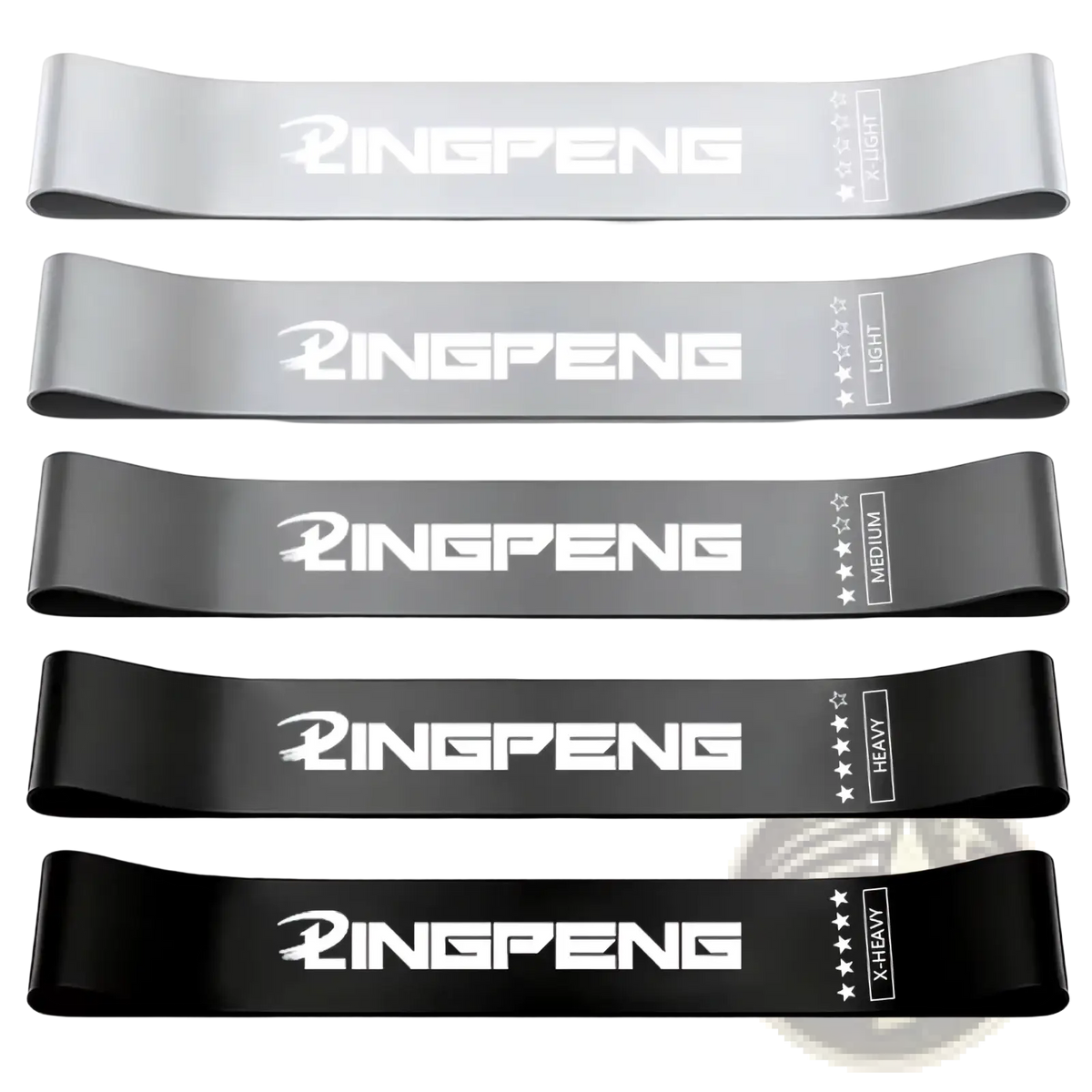 Set of five gray and black ringpeng resistance loop exercise bands with white branding and star ratings for varied resistance levels