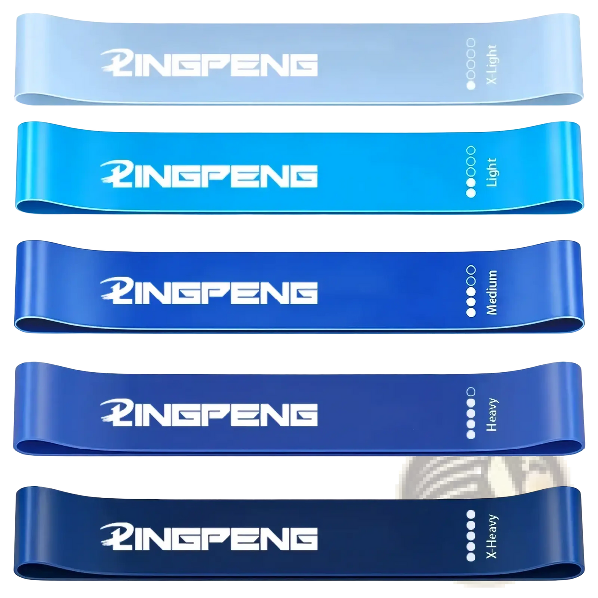 Set of five ringpeng resistance loop exercise bands in gradient blue tones with weight labels and white logo