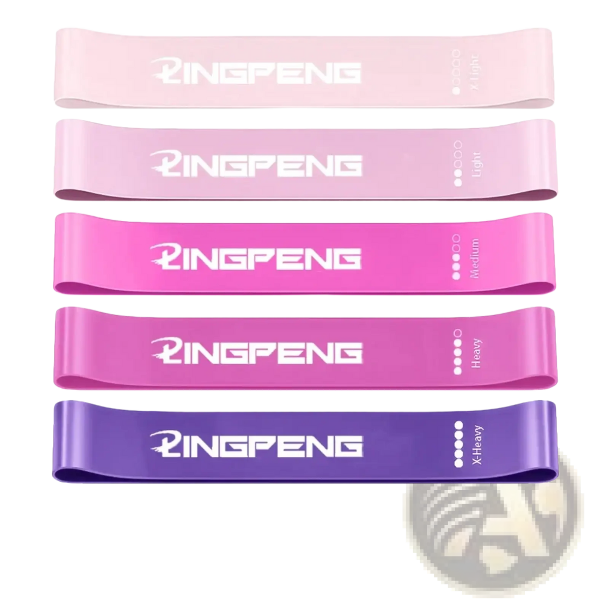 Set of five ringpeng resistance loop exercise bands in pastel pink, light pink, medium purple, heavy purple, and x-heavy purple with white branding