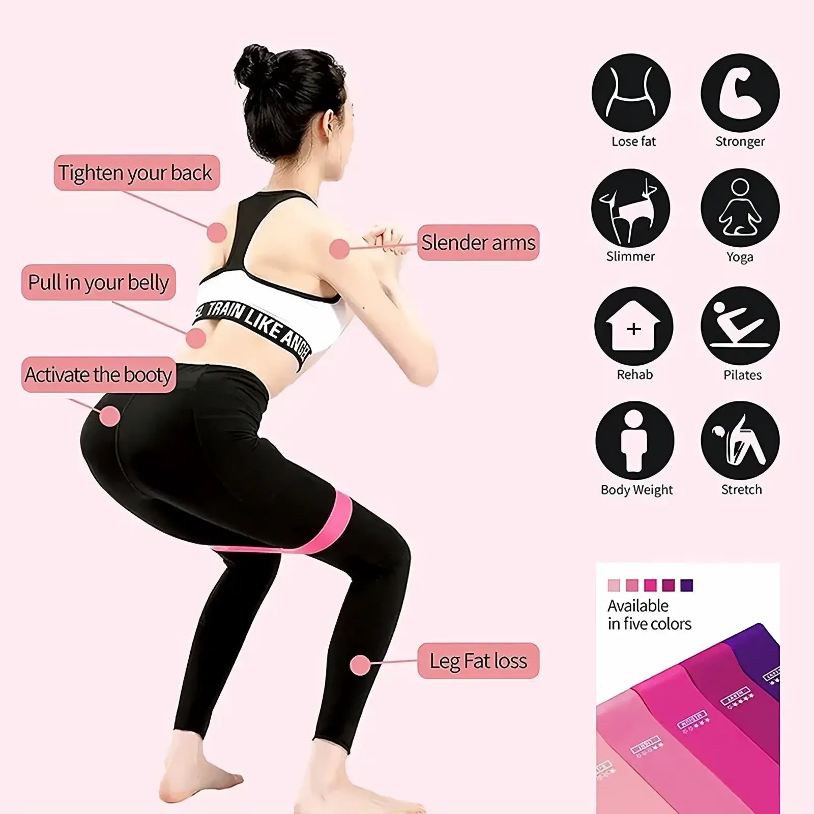 Woman wearing a pink resistance loop exercise band around her thigh from a 5 pack of durable stretch bands