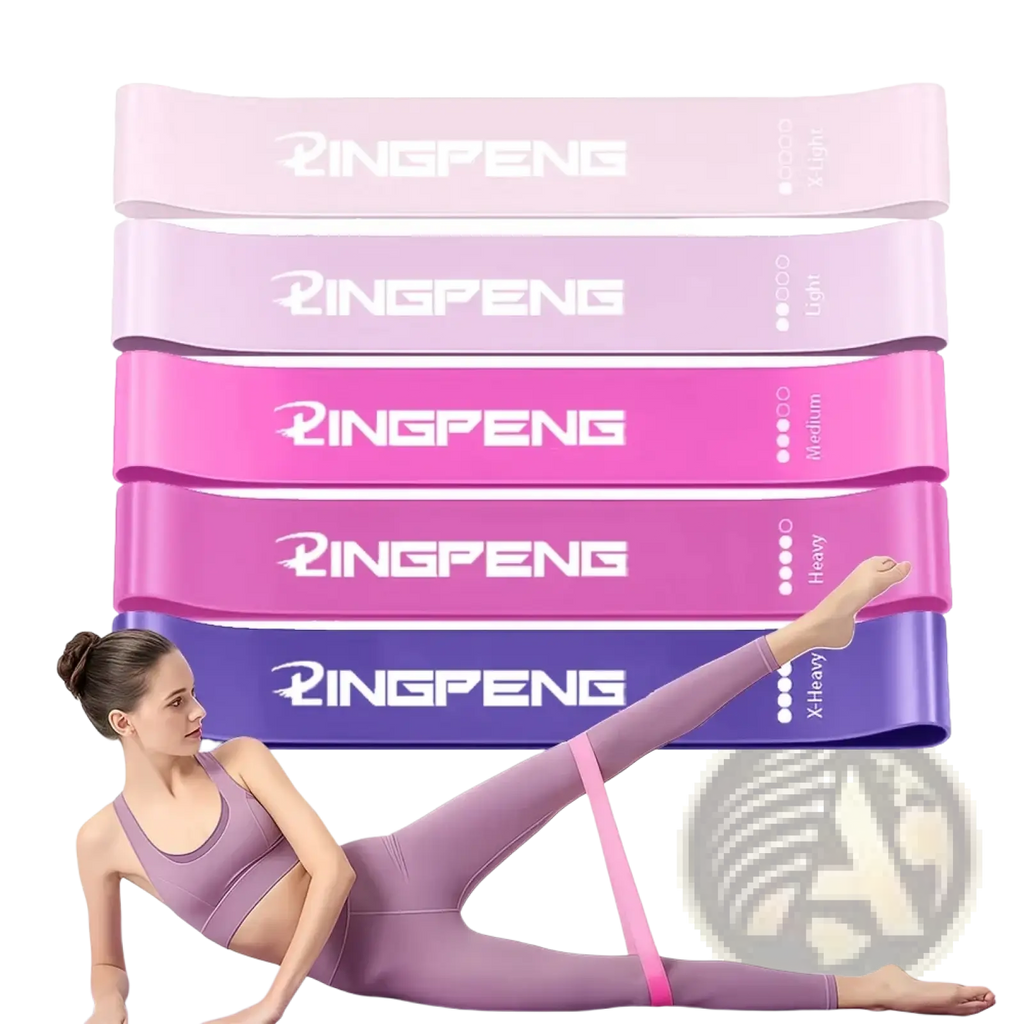 Resistance loop exercise bands 5 pack in pink and purple with Ringpeng logo for strength training and resistance workouts