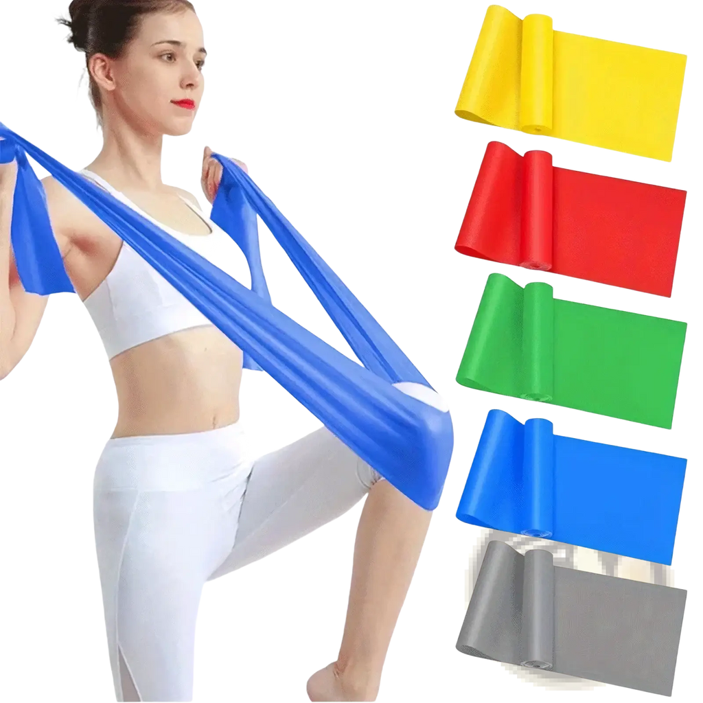 Blue resistance workout band with smooth elastic texture and reinforced handles for home fitness use