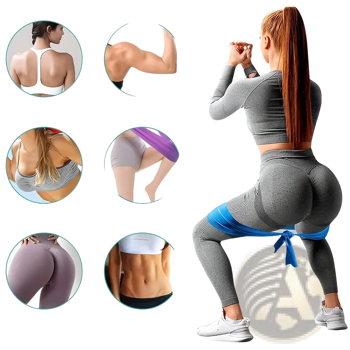 Blue resistance workout band made of durable material worn around a woman’s hips for home fitness exercises